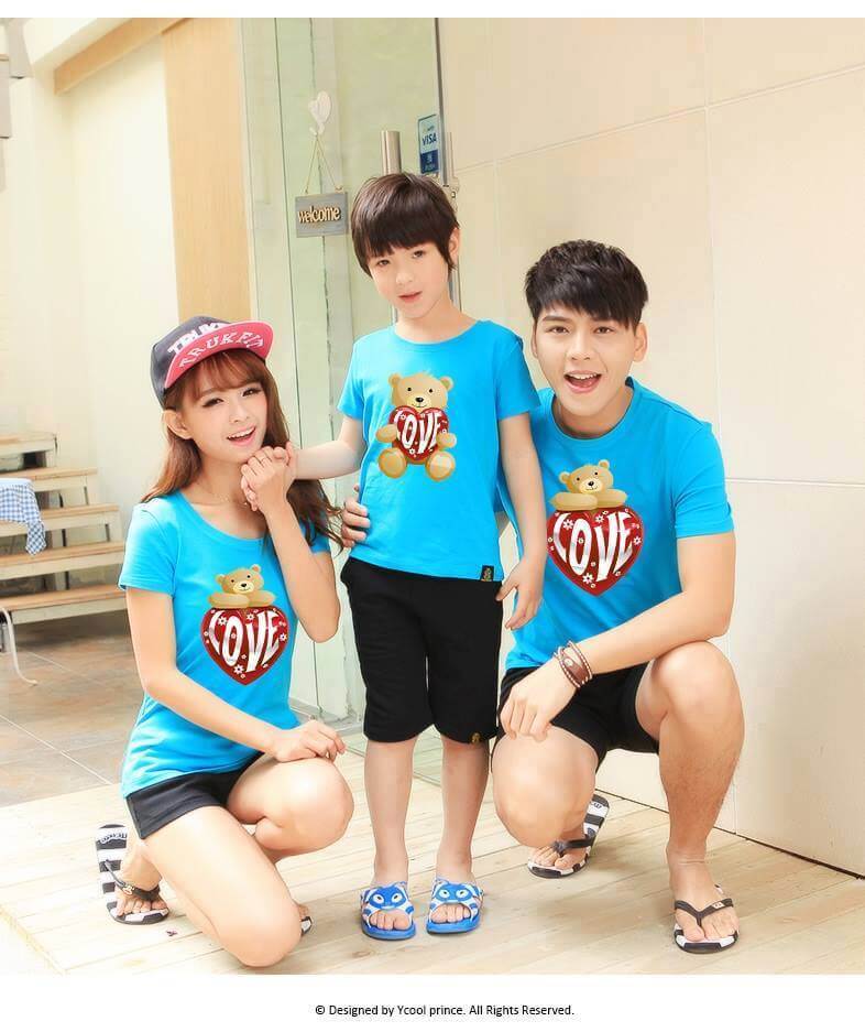 Áo đồng phục gia đình 3 người màu xanh