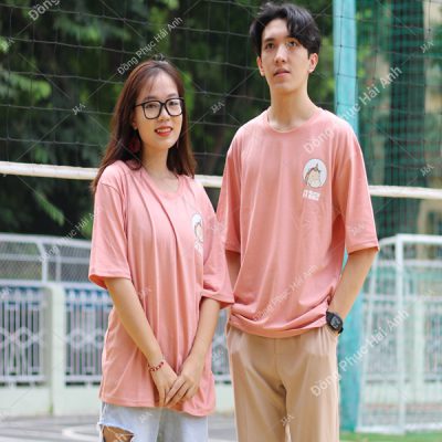 Mẫu áo lớp oversize cổ tròn màu hồng lòng tôm A12