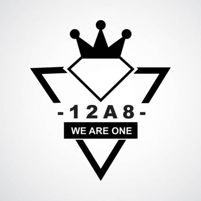 Mẫu logo hình kim cương in tên lớp 12a8 và slogan " We Are One" Ý nghĩa