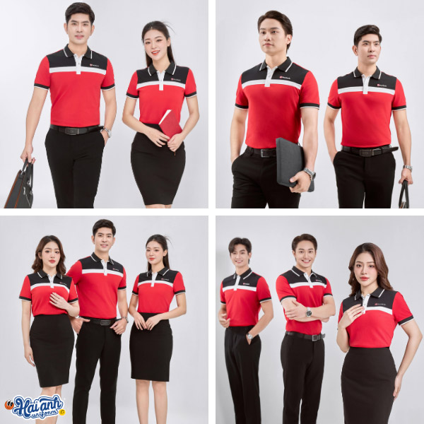 Bộ sưu tập áo thun đồng phục công ty có cổ màu đỏ doanh nghiệp Seabank là mẫu mới nhất với thiết kế phối họa tiết kẻ ngang trước ngực tinh tế, bắt mắt.
