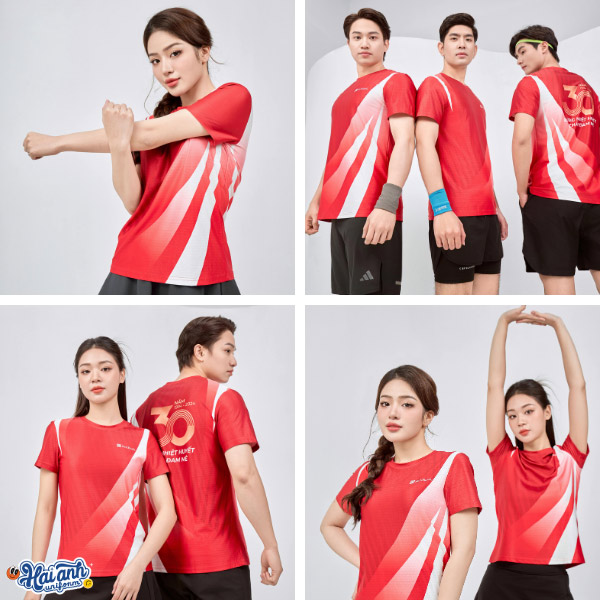 Mẫu áo đồng phục công ty cổ tròn màu đỏ là mẫu áo được sử dụng công nghệ in chuyển nhiệt, thiết kế vô cùng năng động, trẻ trung, đầy sức sống.