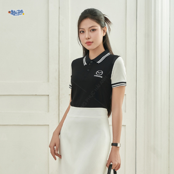 Thiết kế áo polo Mazda màu đen phối trắng hiện đại