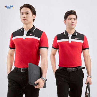 Thiết kế áo polo màu đỏ phối vai Seabank phong cách