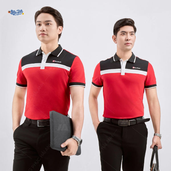 Thiết kế áo polo màu đỏ phối vai Seabank phong cách