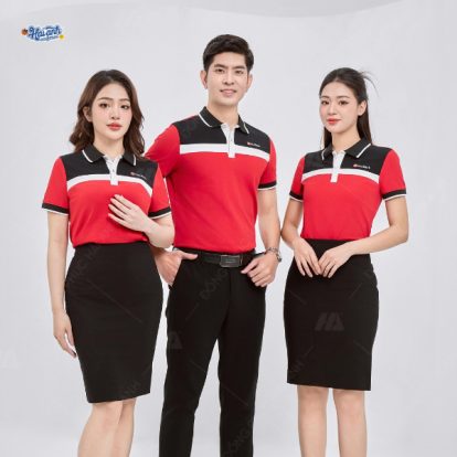 Áo polo phối vai Seabank màu đỏ đậm chủ đạo nổi bật