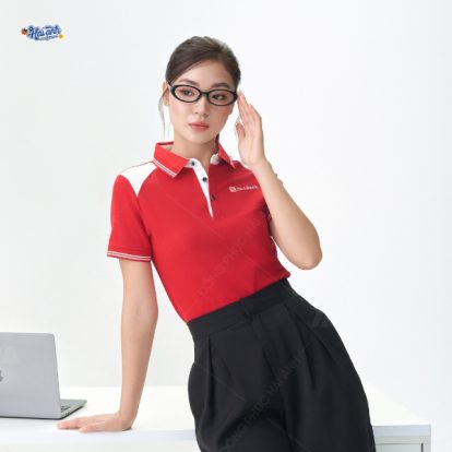 Mẫu áo polo đồng phục màu đỏ Seabank đến từ BST mới nhất tại Hải Anh Uniform 