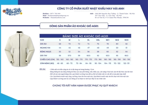 Bảng size mẫu áo khoác gió AG01