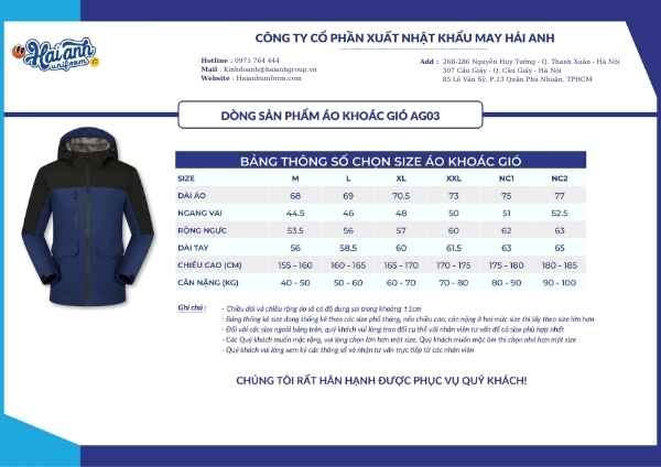 Bảng thông số chọn size áo khoác gió mẫu AG03