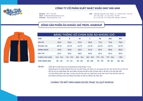Bảng chọn size áo khoác gió trơn, warmup