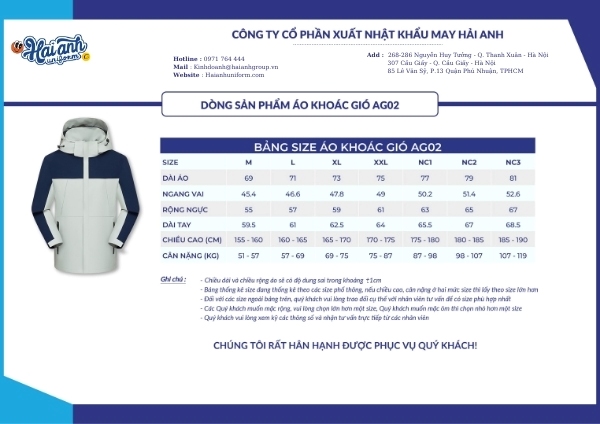 Bảng size mẫu áo khoác gió AG02