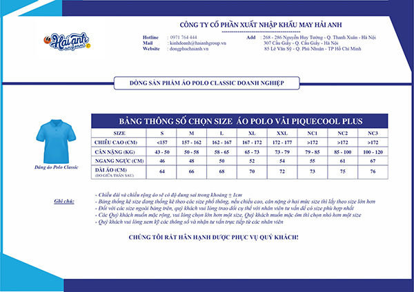 Bảng thông số chọn size áo polo đồng phục form Classic tại Hải Anh Uniform