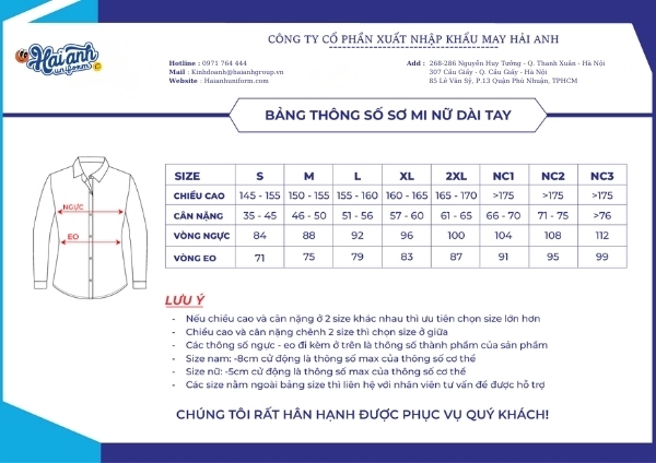 Bảng size áo đồng phục sơ mi nữ ngắn tay