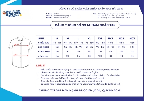 Bảng size áo đồng phục sơ mi nam tay ngắn