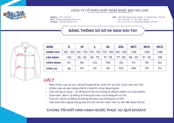 Bảng size áo đồng phục sơ mi nam dài tay