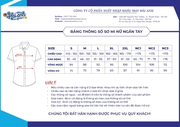 Bảng size áo đồng phục sơ mi nữ tay ngắn