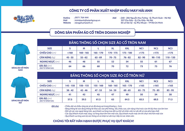 Bảng size áo thun đồng phục cổ tròn