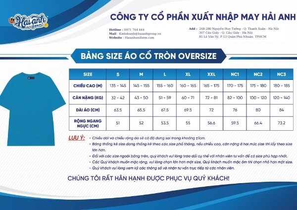 Bảng size mẫu áo thun đồng phục cổ tròn kiểu basic