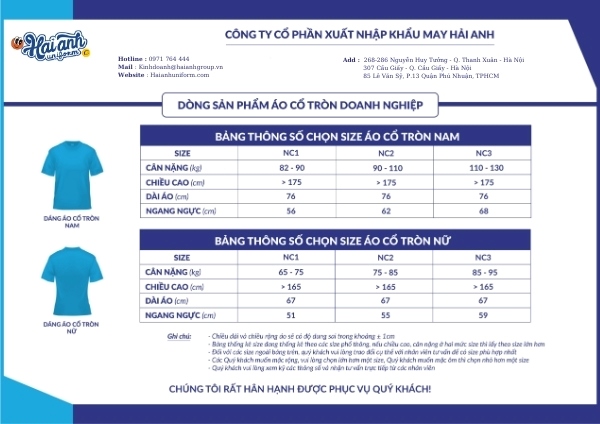 Bảng size áo thun đồng phục công ty cổ tròn