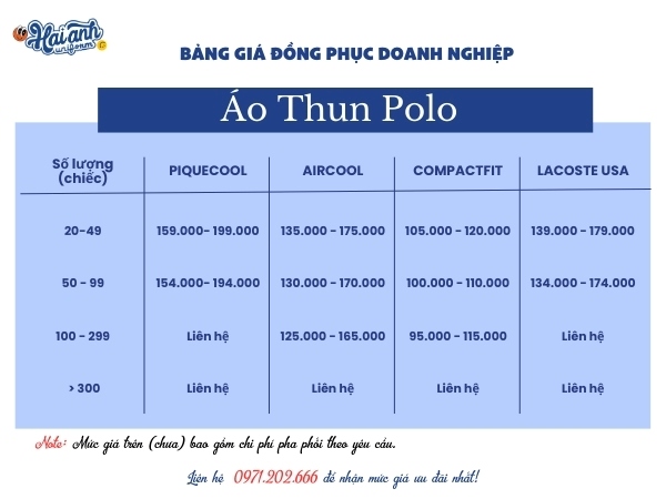Bảng giá may áo polo đồng phục Kichi Kichi tham khảo