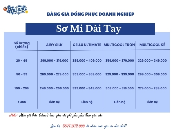 Bảng giá may áo sơ mi dài tay Kichi Kichi tham khảo