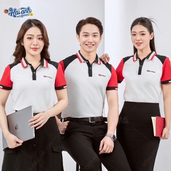 Polo đồng phục ngân hàng Seabank màu đỏ phối cầu vai đen trắng