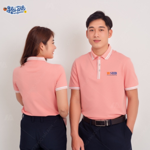 Hải Anh Uniform gợi ý mẫu polo SHB Bank mới màu hồng phối trắng trẻ trung