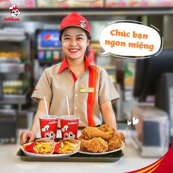 Mẫu áo sơ mi Jollibee màu be kết hợp đỏ