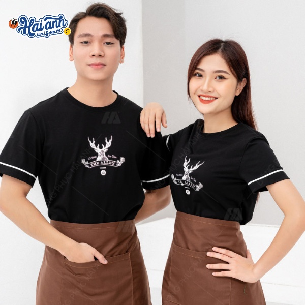 Mẫu áo thun cổ tròn đồng phục quán nướng màu đen