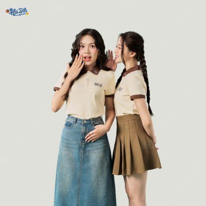 Áo đồng phục công ty thiết kế thanh lịch với màu kem cheese phối nâu