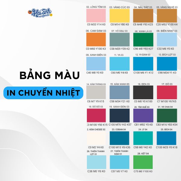 Bảng màu sắc in chuyển nhiệt tại Hải Anh Uniform