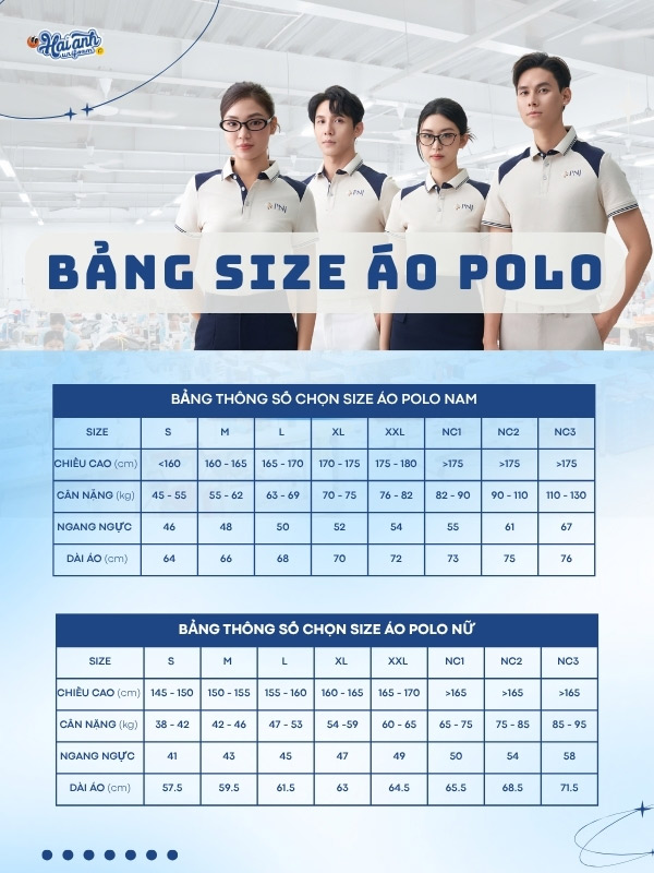 Bảng size áo polo đồng phục công ty màu be PNJ