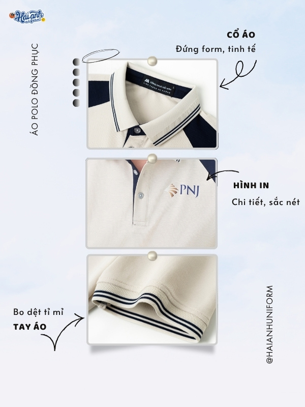 Chi tiết thiết kế áo đồng phục màu be in logo PNJ
