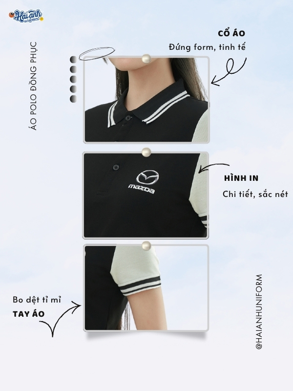 Chi tiết thiết kế áo Mazda màu đen phối tay tại Hải Anh Uniform