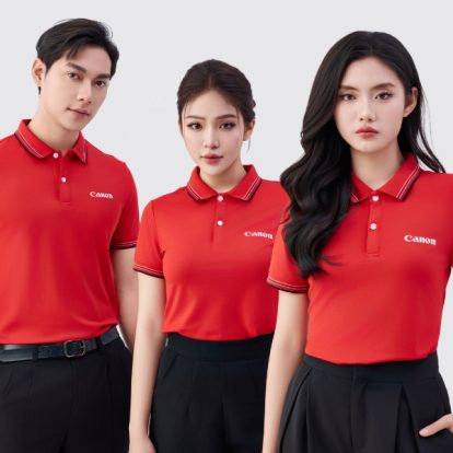 Mẫu áo polo đồng phục công ty màu đỏ cổ dệt Canon- 2