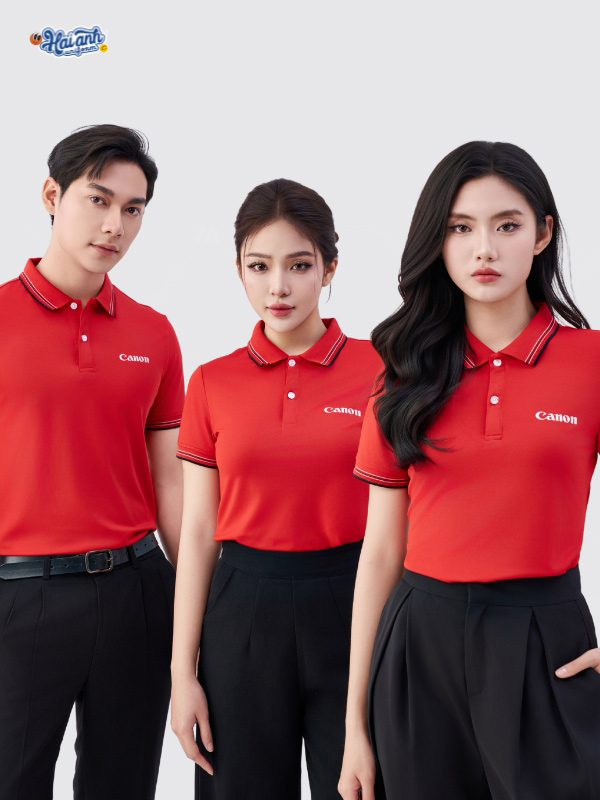 Polo đồng phục Canon màu đỏ nổi bật với chi tiết bo dệt cổ sắc nét