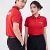 Mẫu áo polo đồng phục công ty màu đỏ cổ dệt Canon