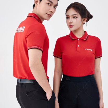 Mẫu áo polo đồng phục công ty màu đỏ cổ dệt Canon