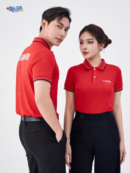 Mẫu áo polo đồng phục công ty màu đỏ cổ dệt Canon