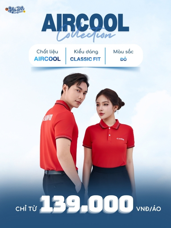 Mẫu áo polo đồng phục công ty màu đỏ Canon cổ dệt tại Hải Anh Uniform