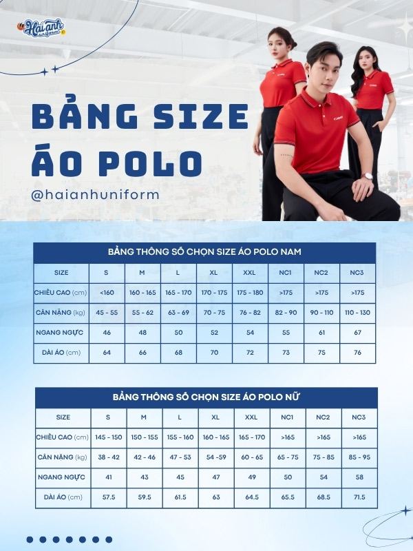 Tham khảo bảng size áo đồng phục công ty Canon màu đỏ kiểu polo