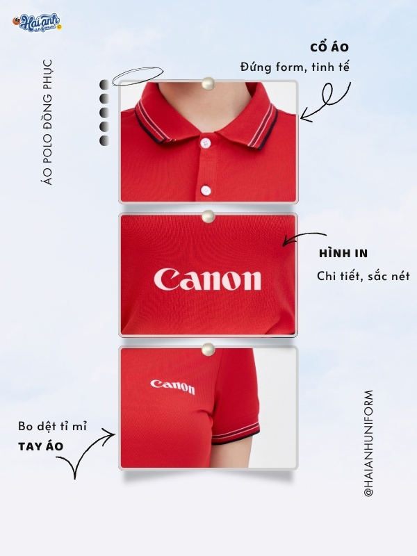 Chi tiết thiết kế mẫu áo Canon kiểu polo màu đỏ cổ dệt