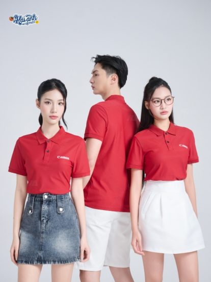 Mẫu áo đồng phục Canon màu đỏ đô