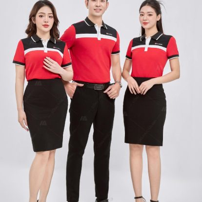 Mẫu áo đồng phục Seabank màu đỏ phối vai