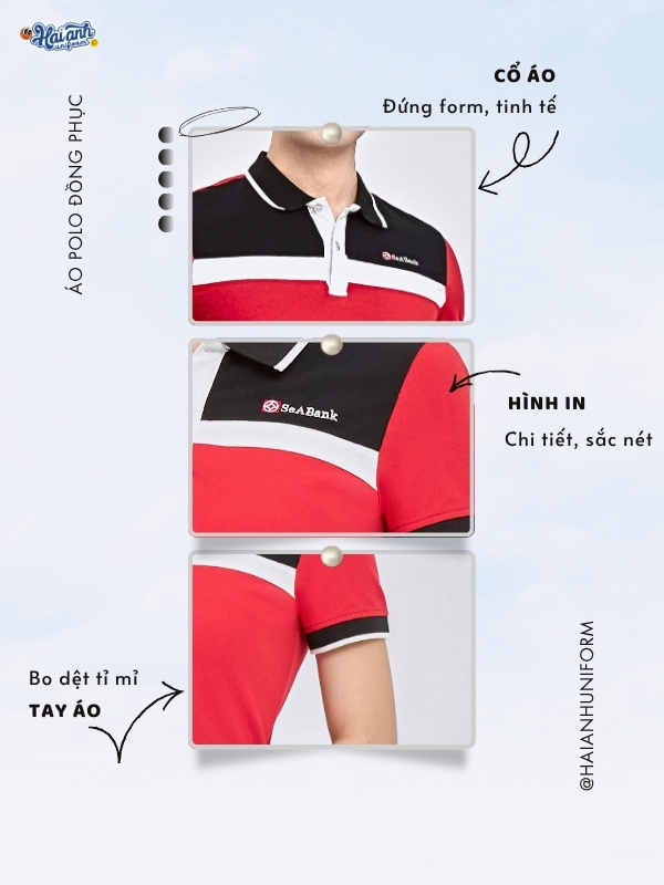 Chi tiết thiết kế áo đồng phục Seabank kiểu polo màu đỏ phối vai