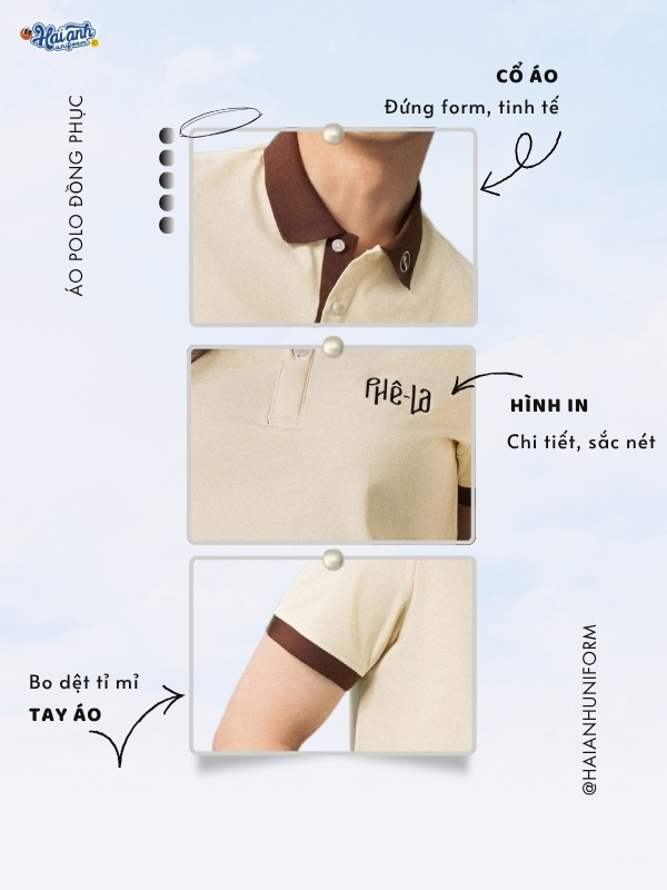 Chi tiết thiết kế áo polo màu kem in logo Phê La