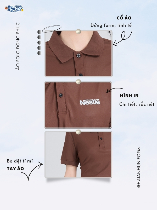 Chi tiết thiết kế áo polo màu nâu Nestle