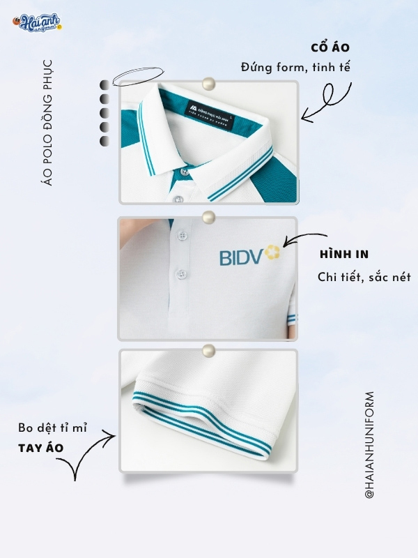 Chi tiết thiết kế áo đồng phục BIDV màu trắng phối vai