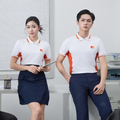 Mẫu áo đồng phục công ty màu trắng gạo phối cam Mastercard -2