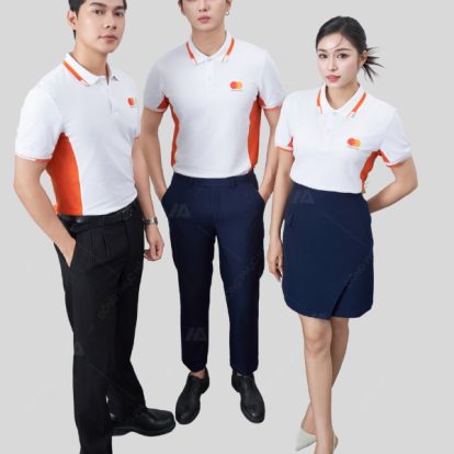 Mẫu áo đồng phục công ty màu trắng gạo phối cam Mastercard