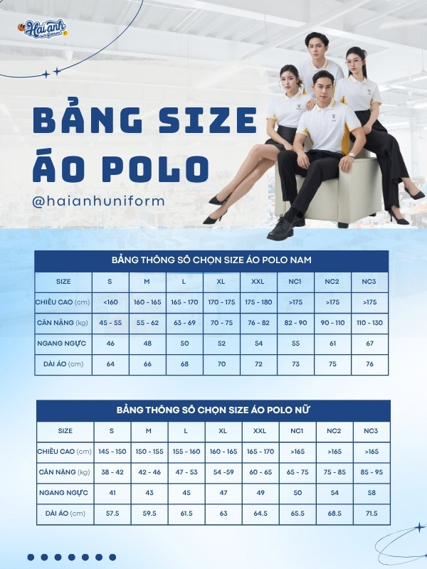Bảng size mẫu áo polo đồng phục màu trắng gạo phối vàng cúc Piquecool